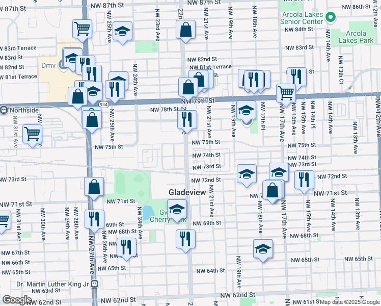 map of restaurants, bars, coffee shops, grocery stores, and more near 2181 Northwest 74th Street in Miami