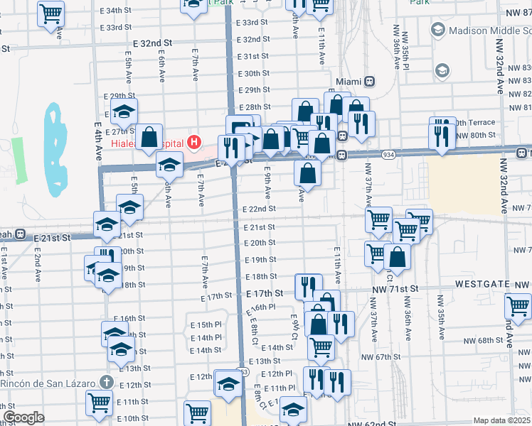 map of restaurants, bars, coffee shops, grocery stores, and more near 909 East 21st Street in Hialeah