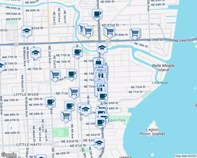 map of restaurants, bars, coffee shops, grocery stores, and more near 556 Northeast 73rd Street in Miami