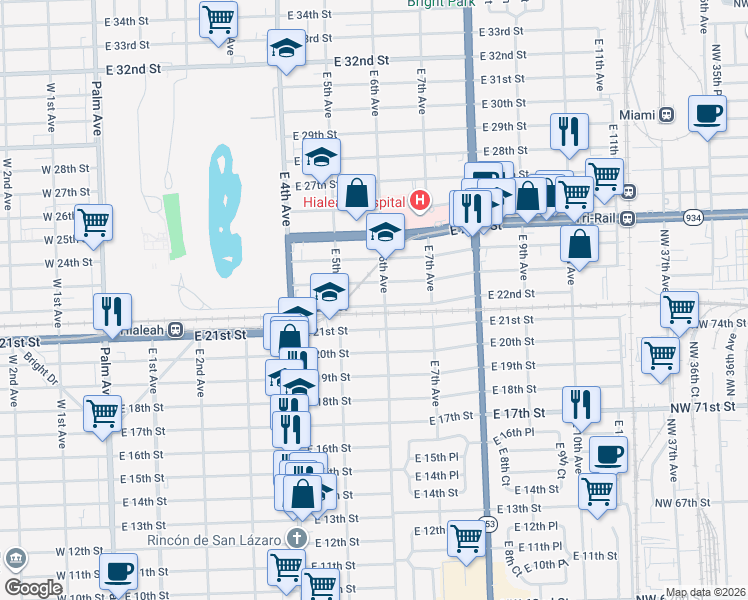 map of restaurants, bars, coffee shops, grocery stores, and more near 551 East 22nd Street in Hialeah