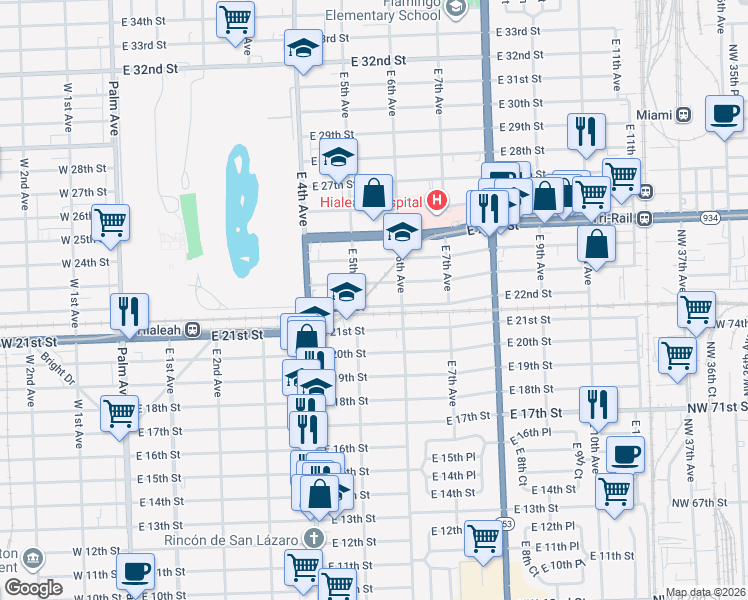 map of restaurants, bars, coffee shops, grocery stores, and more near 551 East 22nd Street in Hialeah