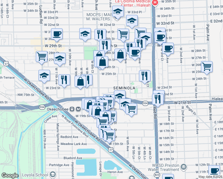 map of restaurants, bars, coffee shops, grocery stores, and more near 691 West 22nd Street in Hialeah