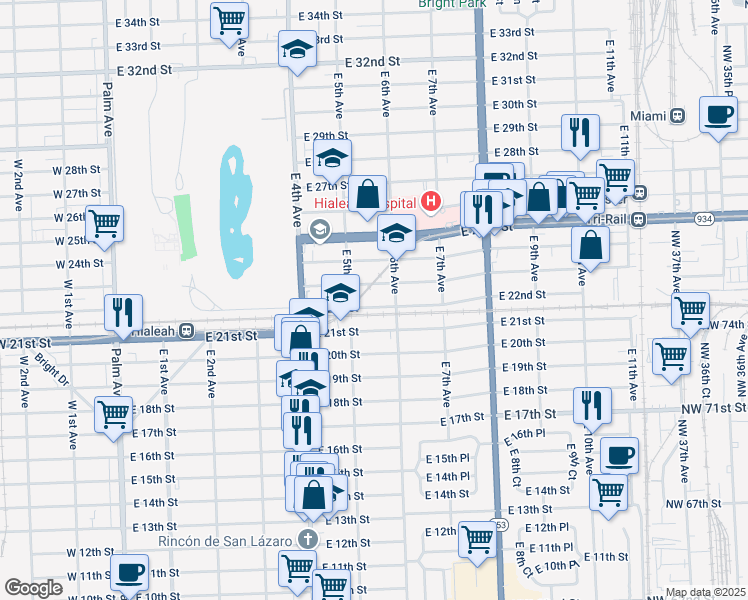 map of restaurants, bars, coffee shops, grocery stores, and more near 551 East 22nd Street in Hialeah