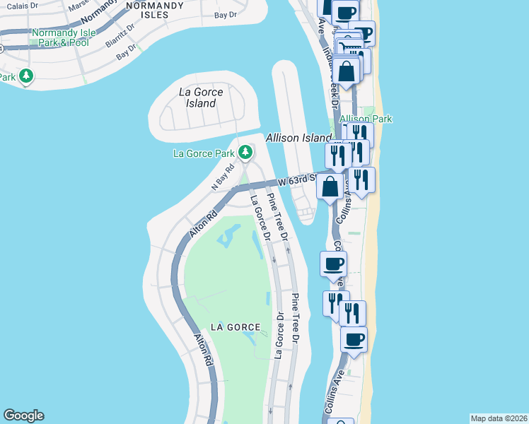 map of restaurants, bars, coffee shops, grocery stores, and more near 6101 Lagorce Drive in Miami Beach