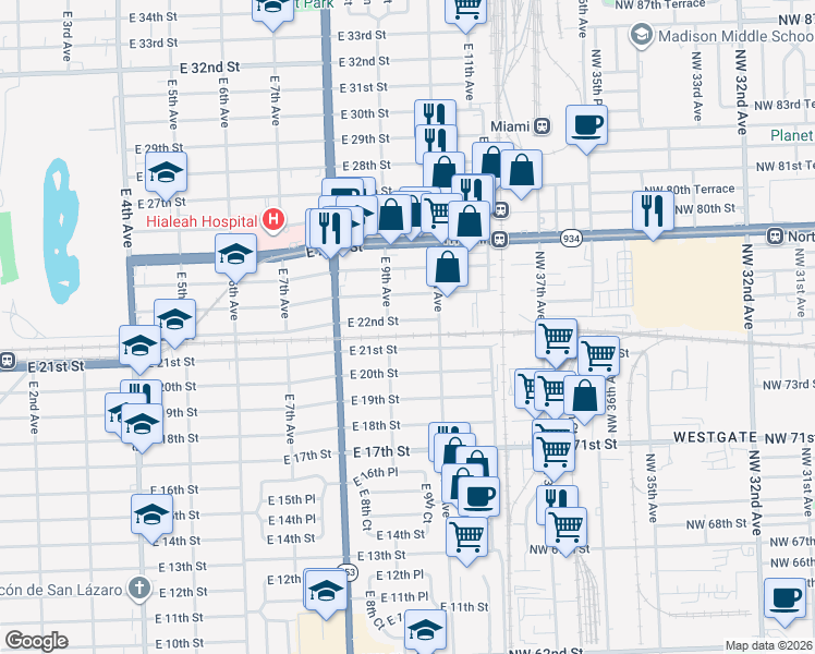 map of restaurants, bars, coffee shops, grocery stores, and more near 909 East 21st Street in Hialeah