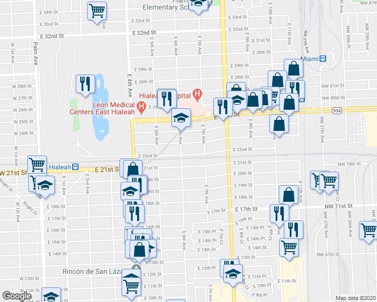 map of restaurants, bars, coffee shops, grocery stores, and more near 625 East 22nd Street in Hialeah