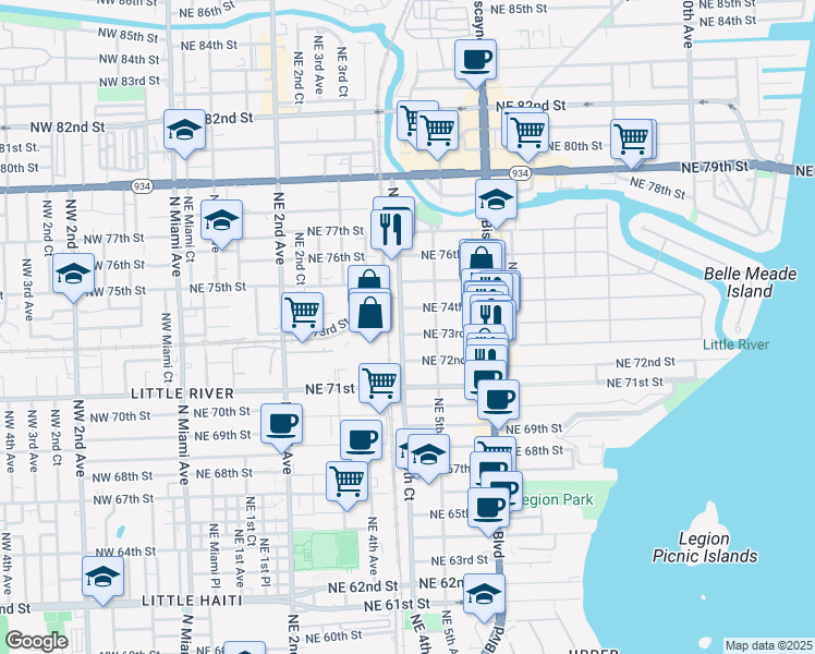 map of restaurants, bars, coffee shops, grocery stores, and more near 448 Northeast 73rd Street in Miami