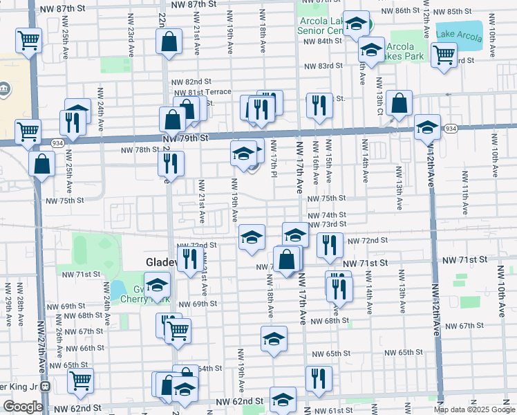 map of restaurants, bars, coffee shops, grocery stores, and more near 1801 Northwest 74th Street in Miami