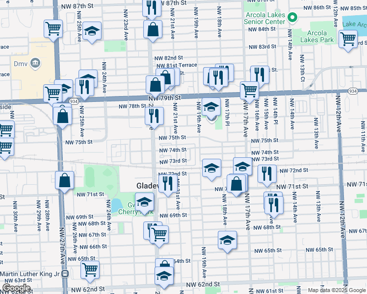 map of restaurants, bars, coffee shops, grocery stores, and more near 1932 Northwest 74th Street in Miami