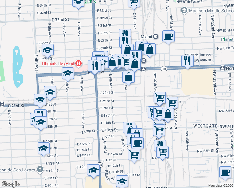 map of restaurants, bars, coffee shops, grocery stores, and more near 909 East 21st Street in Hialeah