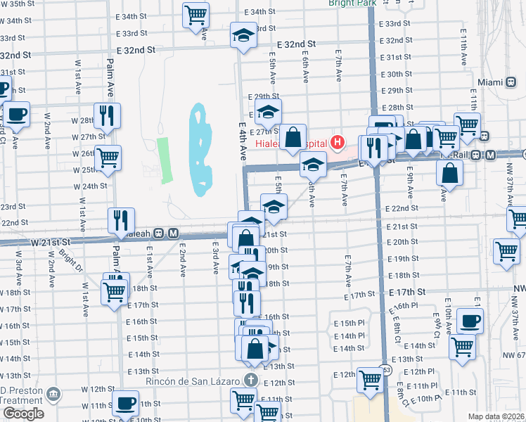 map of restaurants, bars, coffee shops, grocery stores, and more near 460 East 23rd Street in Hialeah