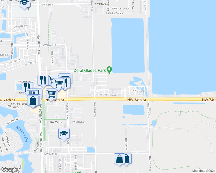 map of restaurants, bars, coffee shops, grocery stores, and more near 10061 Northwest 75th Street in Doral