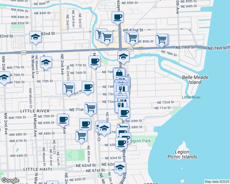 map of restaurants, bars, coffee shops, grocery stores, and more near 556 Northeast 73rd Street in Miami