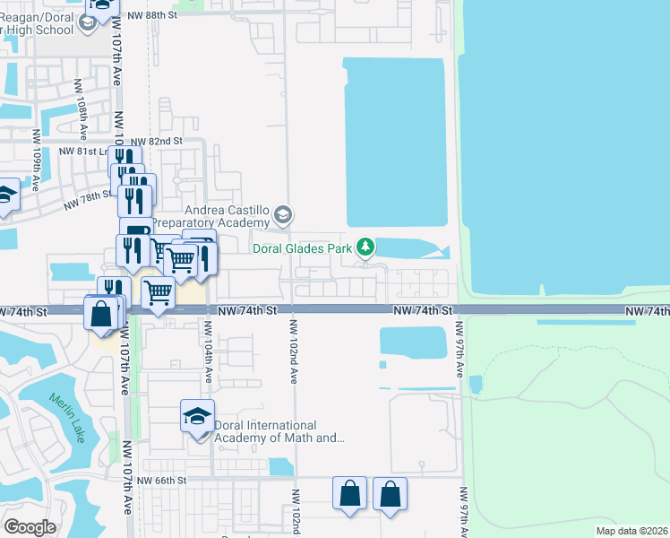map of restaurants, bars, coffee shops, grocery stores, and more near 10061 Northwest 75th Street in Doral