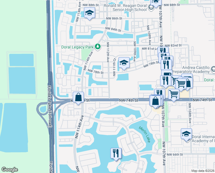 map of restaurants, bars, coffee shops, grocery stores, and more near 11205 Northwest 75th Lane in Medley
