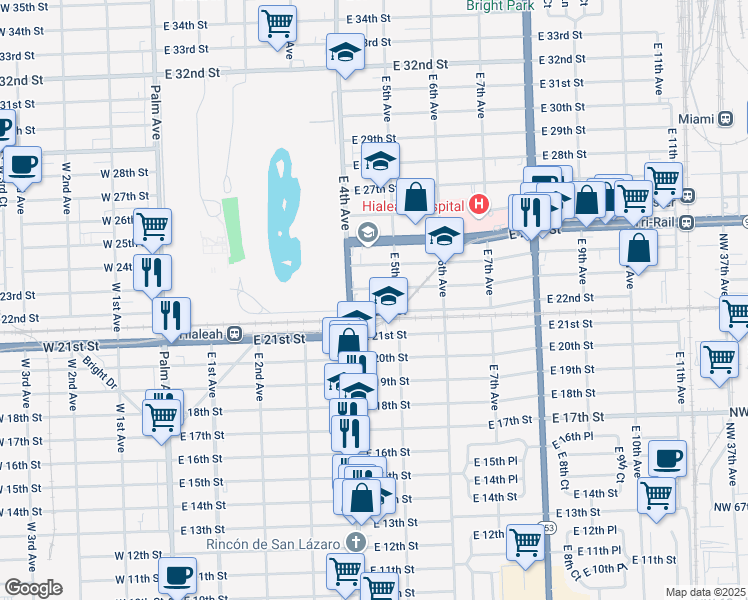 map of restaurants, bars, coffee shops, grocery stores, and more near 460 East 23rd Street in Hialeah