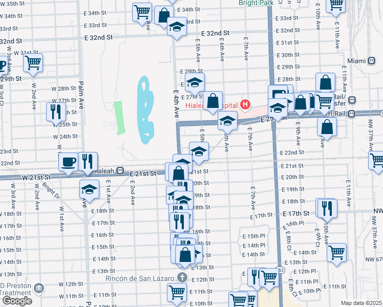 map of restaurants, bars, coffee shops, grocery stores, and more near 460 East 23rd Street in Hialeah