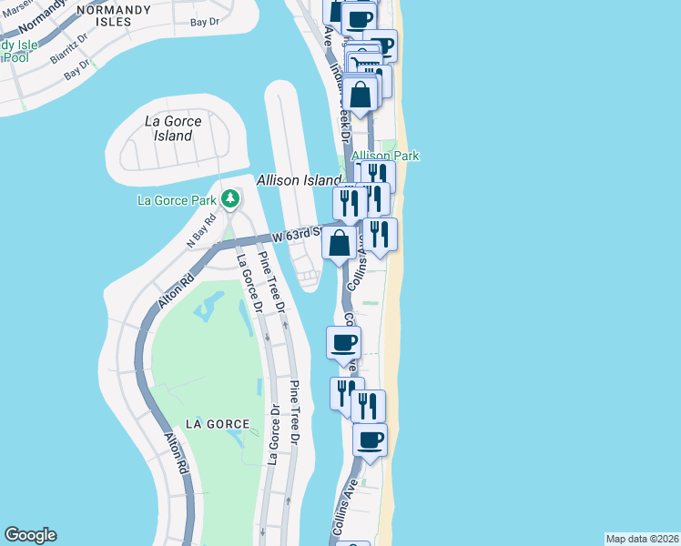 map of restaurants, bars, coffee shops, grocery stores, and more near 5959 Collins Avenue in Miami Beach