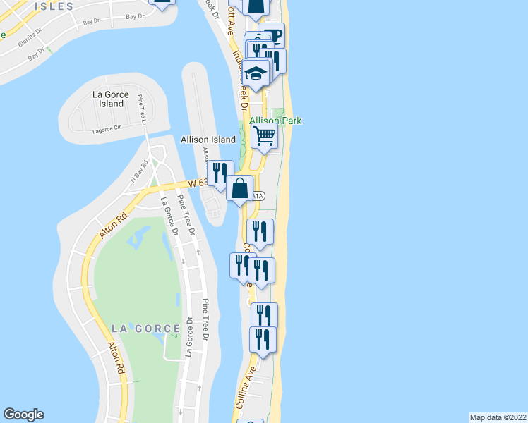 map of restaurants, bars, coffee shops, grocery stores, and more near 5959 Collins Avenue in Miami Beach