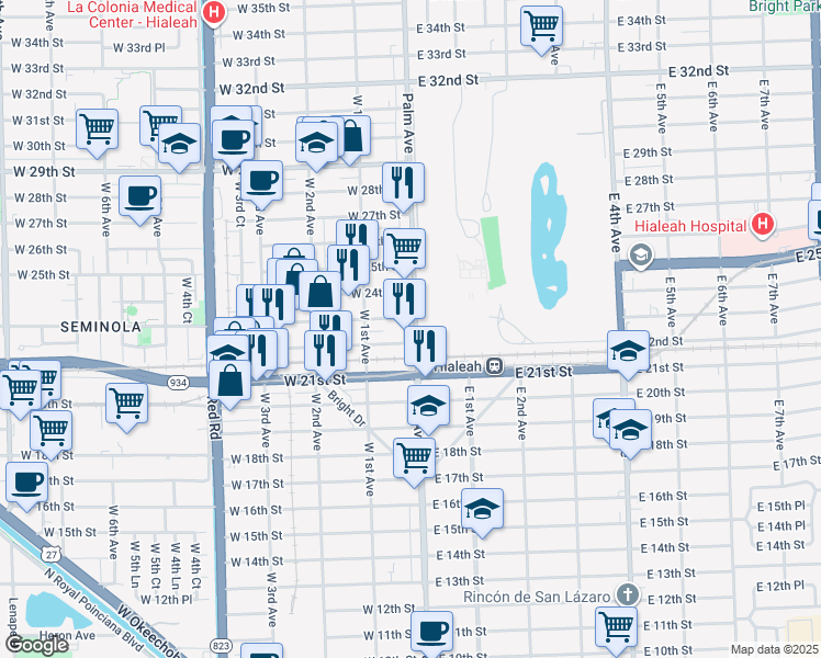 map of restaurants, bars, coffee shops, grocery stores, and more near 45 West 22nd Street in Hialeah