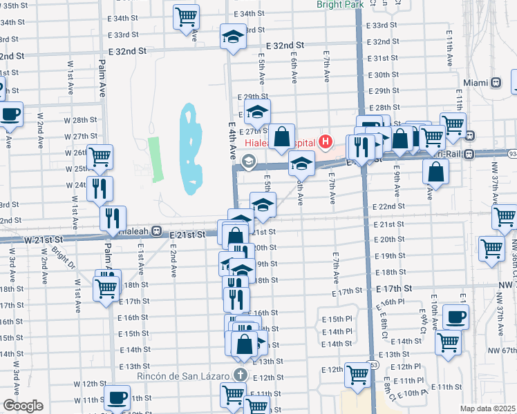 map of restaurants, bars, coffee shops, grocery stores, and more near 460 East 23rd Street in Hialeah