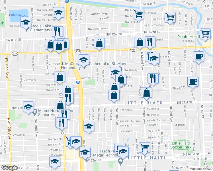 map of restaurants, bars, coffee shops, grocery stores, and more near 260 Northwest 73rd Street in Miami
