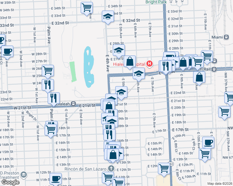 map of restaurants, bars, coffee shops, grocery stores, and more near 460 East 23rd Street in Hialeah
