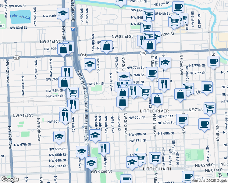 map of restaurants, bars, coffee shops, grocery stores, and more near 260 Northwest 73rd Street in Miami