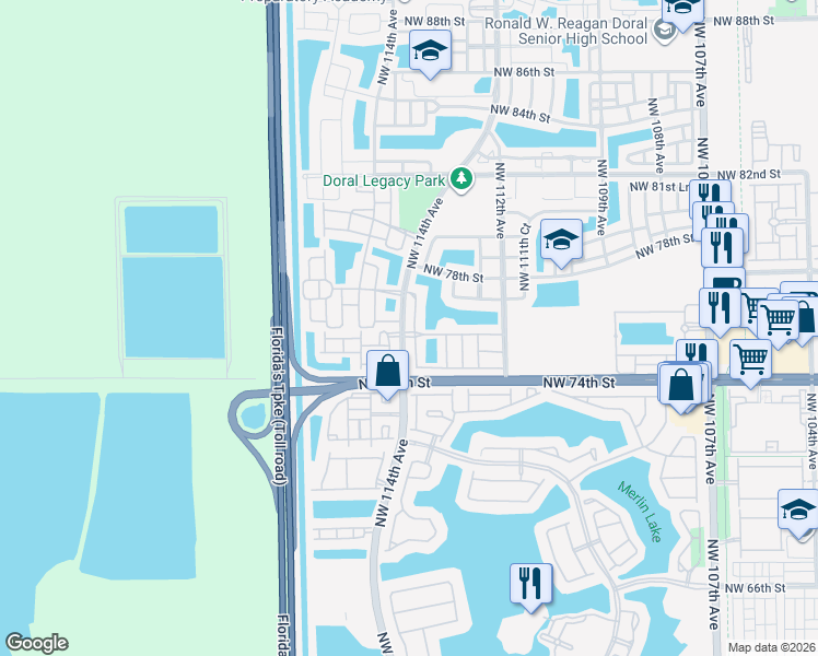 map of restaurants, bars, coffee shops, grocery stores, and more near 7570 Northwest 113th Path in Doral