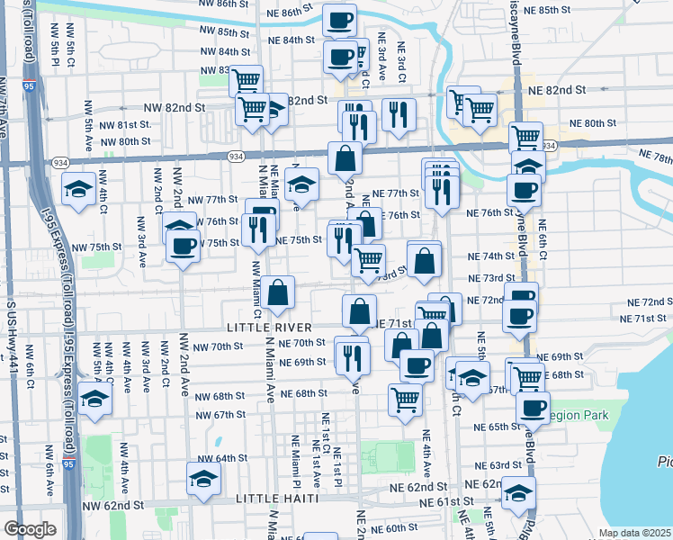 map of restaurants, bars, coffee shops, grocery stores, and more near 171 Northeast 73rd Street in Miami