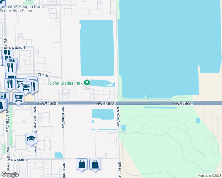 map of restaurants, bars, coffee shops, grocery stores, and more near 9723 Northwest 75th Street in Doral