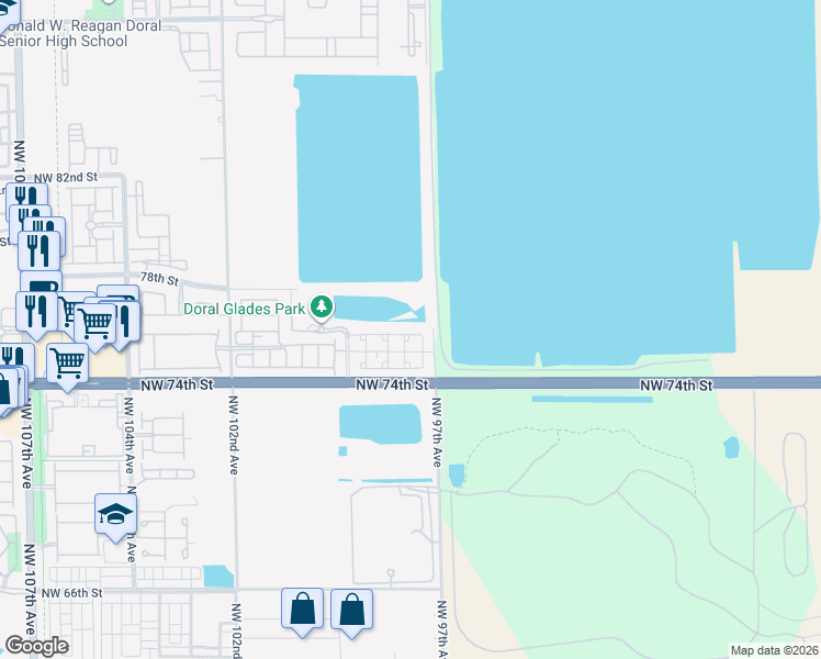 map of restaurants, bars, coffee shops, grocery stores, and more near 9745 Northwest 75th Terrace in Doral