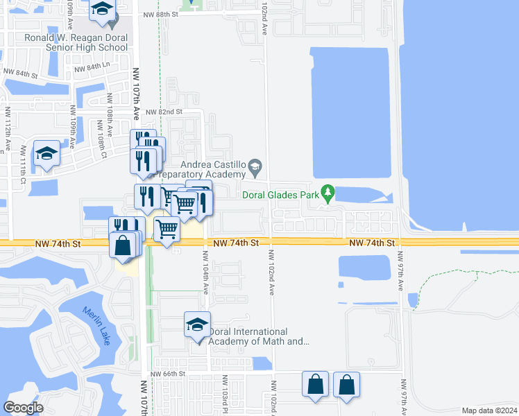 map of restaurants, bars, coffee shops, grocery stores, and more near 10223 Northwest 75th Terrace in Doral