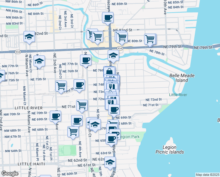 map of restaurants, bars, coffee shops, grocery stores, and more near 7281 Biscayne Boulevard in Miami