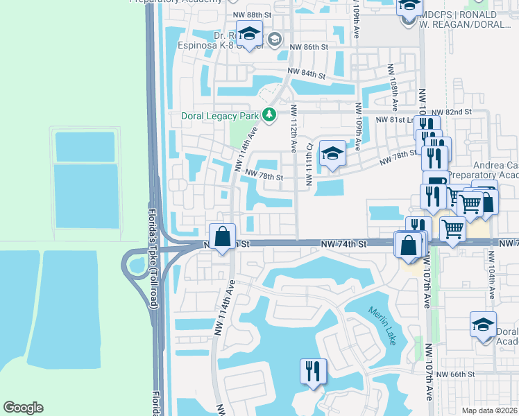 map of restaurants, bars, coffee shops, grocery stores, and more near 7551 Northwest 113th Court in Medley