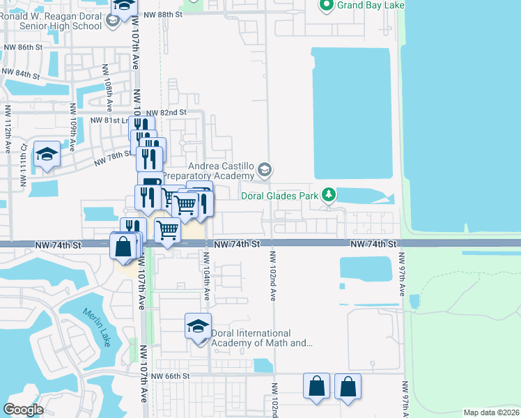 map of restaurants, bars, coffee shops, grocery stores, and more near 7500 Northwest 102nd Avenue in Doral