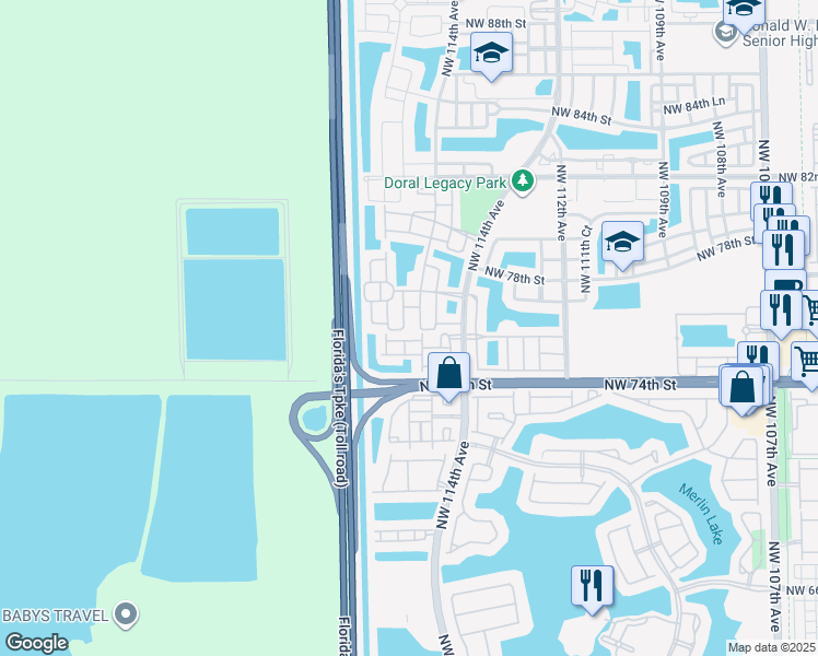 map of restaurants, bars, coffee shops, grocery stores, and more near 7490 Northwest 115th Court in Medley