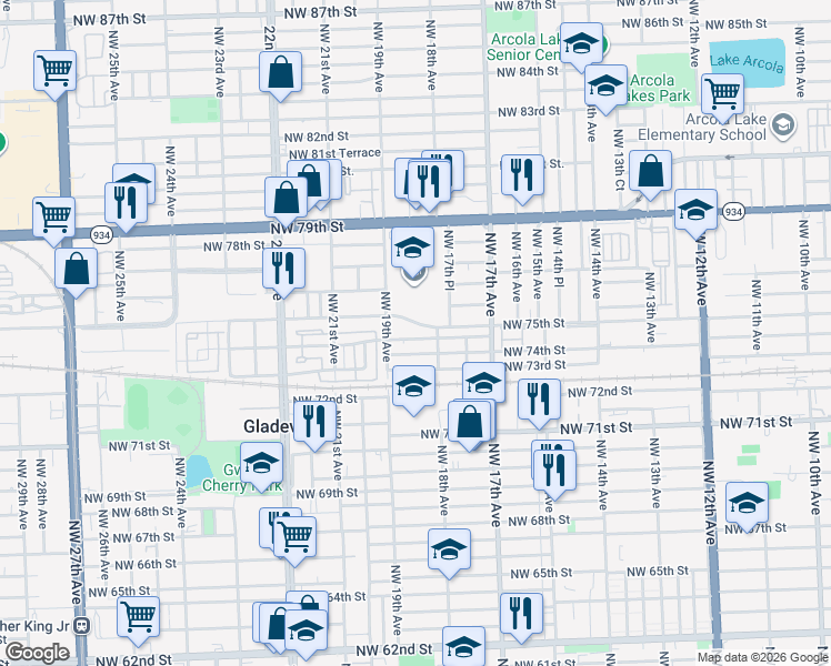 map of restaurants, bars, coffee shops, grocery stores, and more near 1801 Northwest 74th Street in Miami
