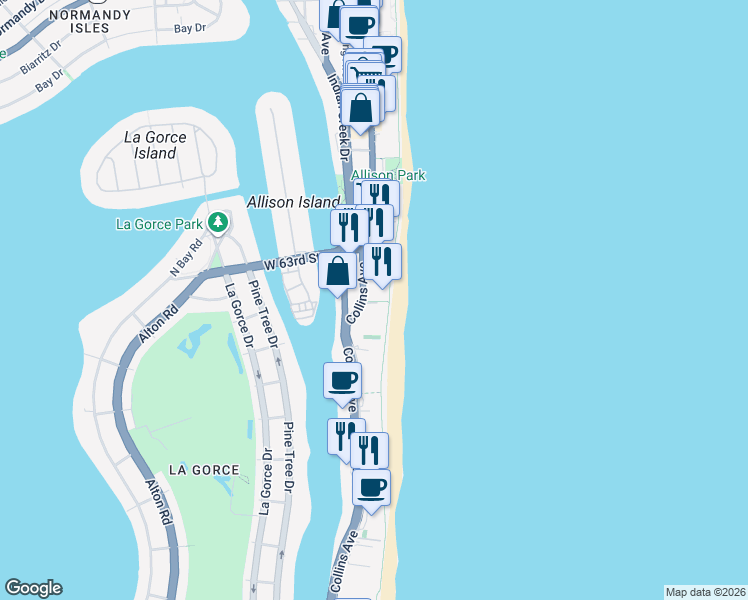 map of restaurants, bars, coffee shops, grocery stores, and more near 5959 Collins Ave in Miami