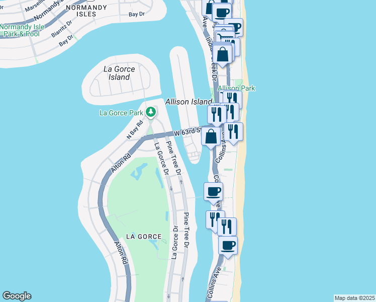 map of restaurants, bars, coffee shops, grocery stores, and more near 6001 Laguna Drive West in Miami Beach