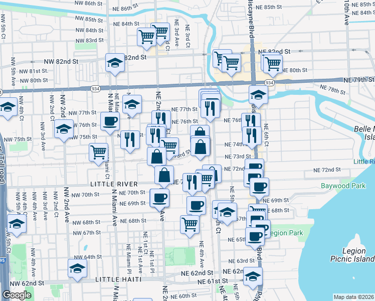 map of restaurants, bars, coffee shops, grocery stores, and more near 355 Northeast 72nd Terrace in Miami