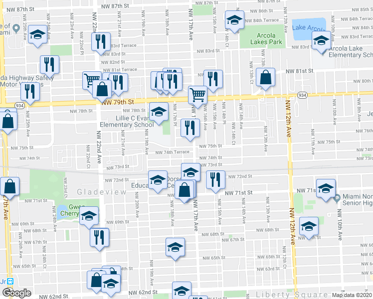 map of restaurants, bars, coffee shops, grocery stores, and more near 1735 Northwest 74th Street in Miami