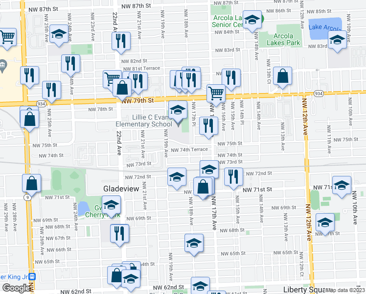map of restaurants, bars, coffee shops, grocery stores, and more near 1801 Northwest 74th Street in Miami