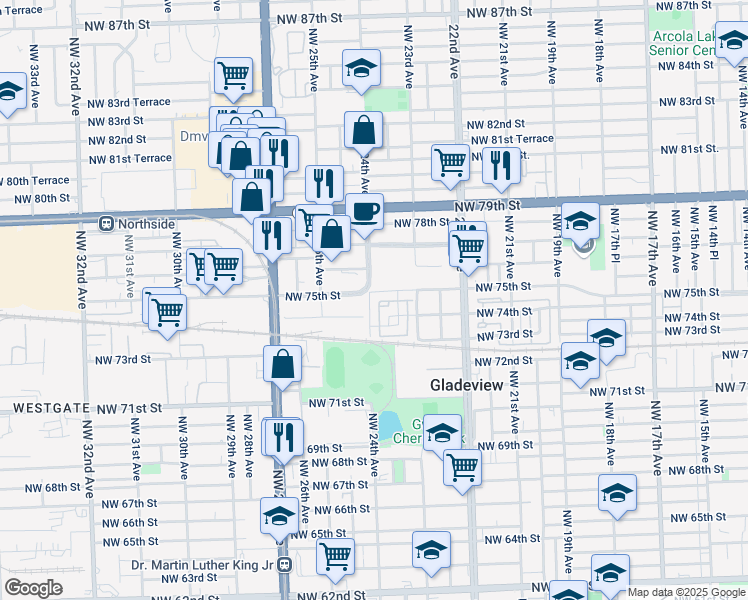 map of restaurants, bars, coffee shops, grocery stores, and more near 2430 Northwest 74th Street in Miami