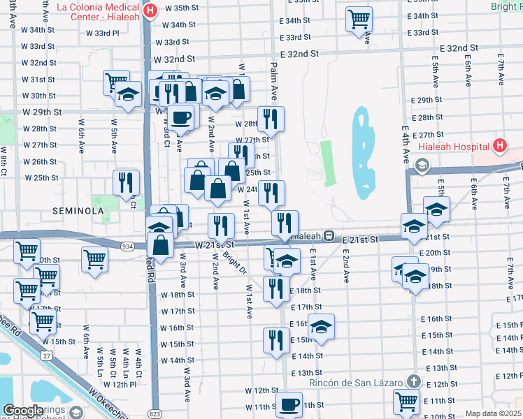 map of restaurants, bars, coffee shops, grocery stores, and more near 45 West 22nd Street in Hialeah