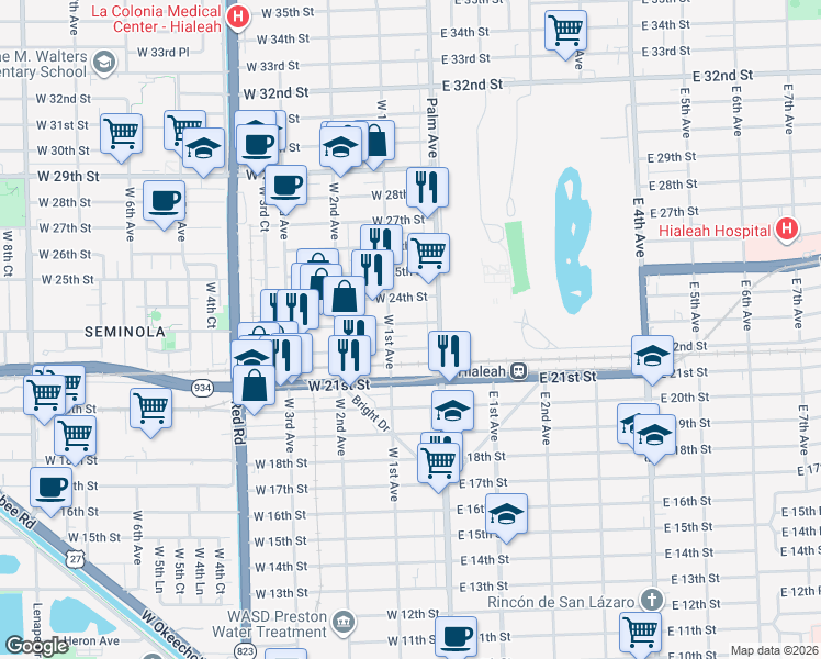 map of restaurants, bars, coffee shops, grocery stores, and more near 45 West 22nd Street in Hialeah