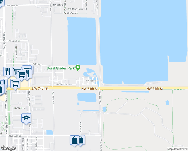map of restaurants, bars, coffee shops, grocery stores, and more near 9723 Northwest 75th Street in Doral