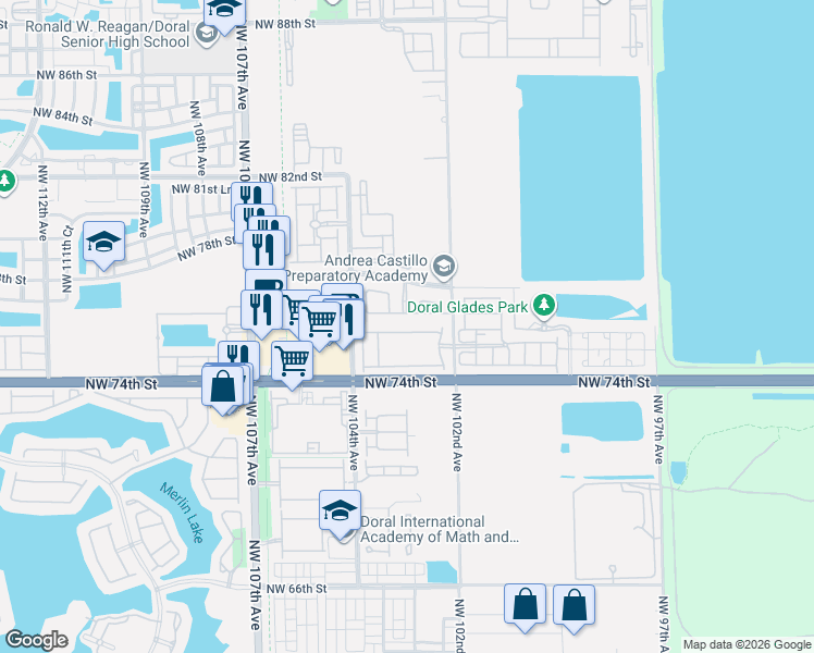 map of restaurants, bars, coffee shops, grocery stores, and more near 10250 Northwest 75th Terrace in Doral