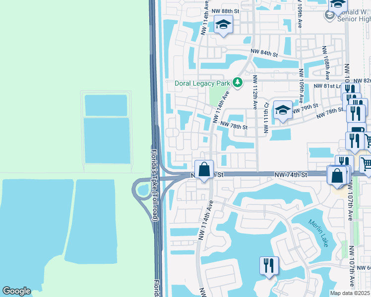 map of restaurants, bars, coffee shops, grocery stores, and more near 7490 Northwest 115th Court in Medley