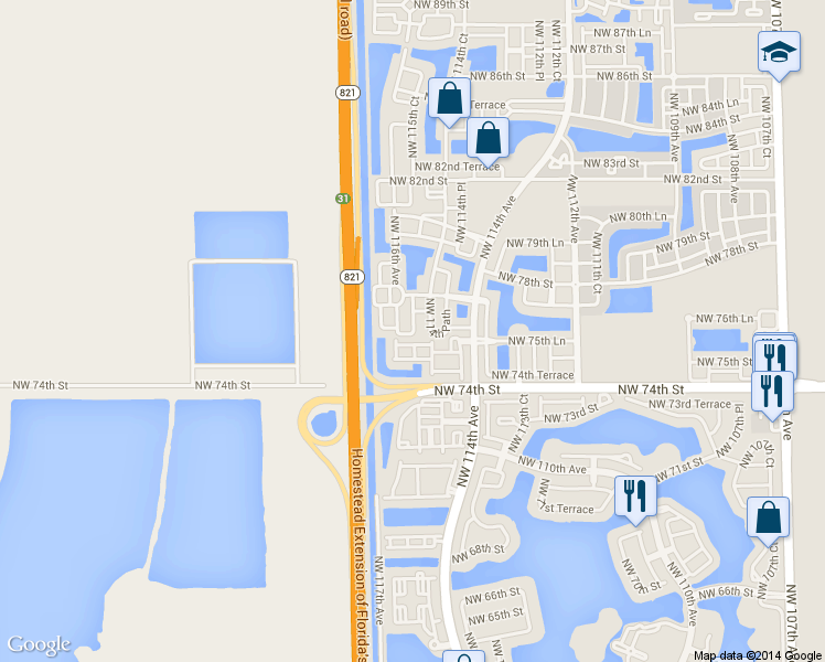 map of restaurants, bars, coffee shops, grocery stores, and more near 7490 Northwest 115th Court in Medley